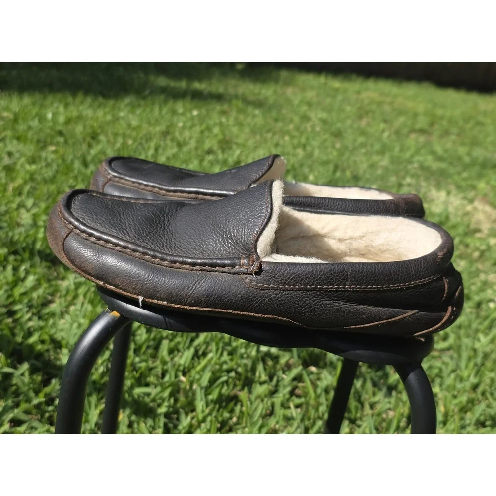 UGG Ascot Mens Leather Slippers Dark Brown Espresso Moccasin Loafers 5379